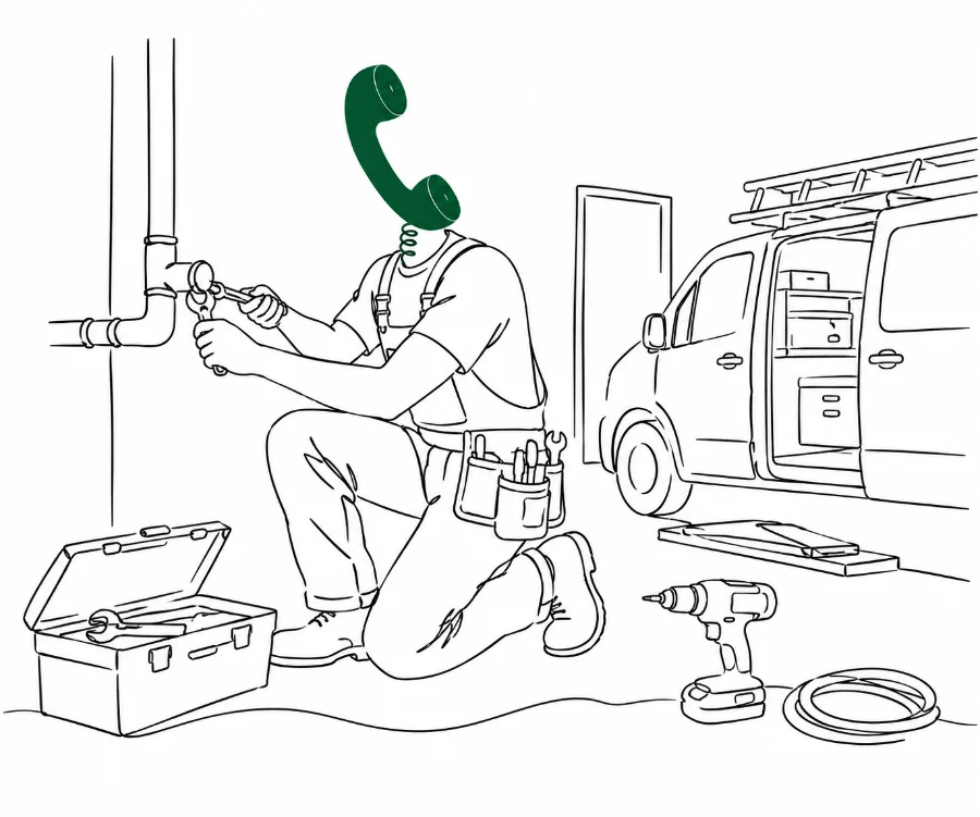 Illustration einer Person mit Telefonhörer als Kopf auf einer Baustelle mit Werkzeug und Leiter