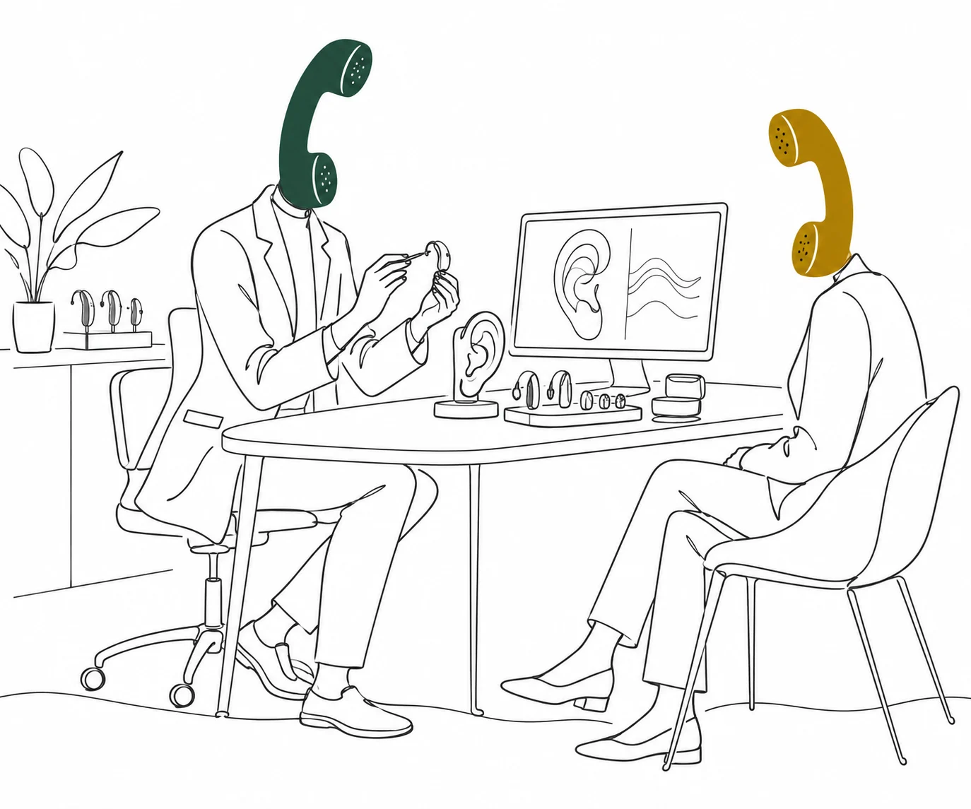 Illustration einer Hörakustik-Beratung mit zwei Personen am Tisch, Hörgeräte und Audiogramm auf dem Bildschirm, Person mit Telefonhörer als Kopf