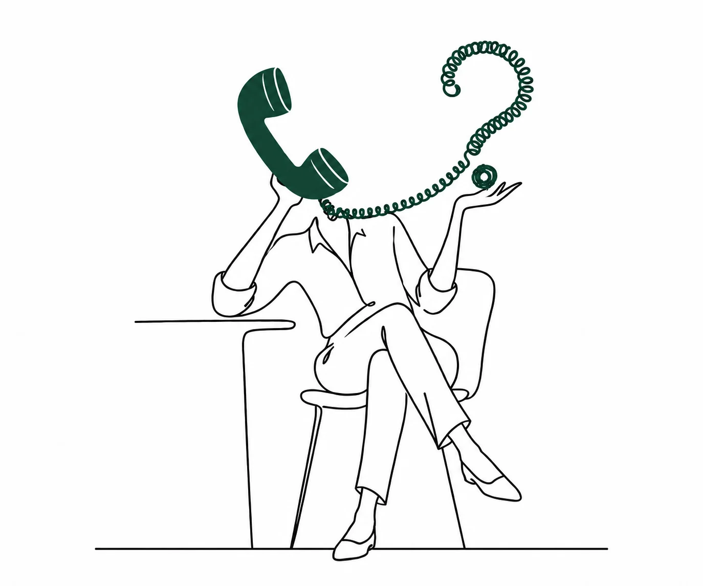 Illustration einer Person mit Telefonhörer als Kopf, Spiralkabel bildet ein Fragezeichen