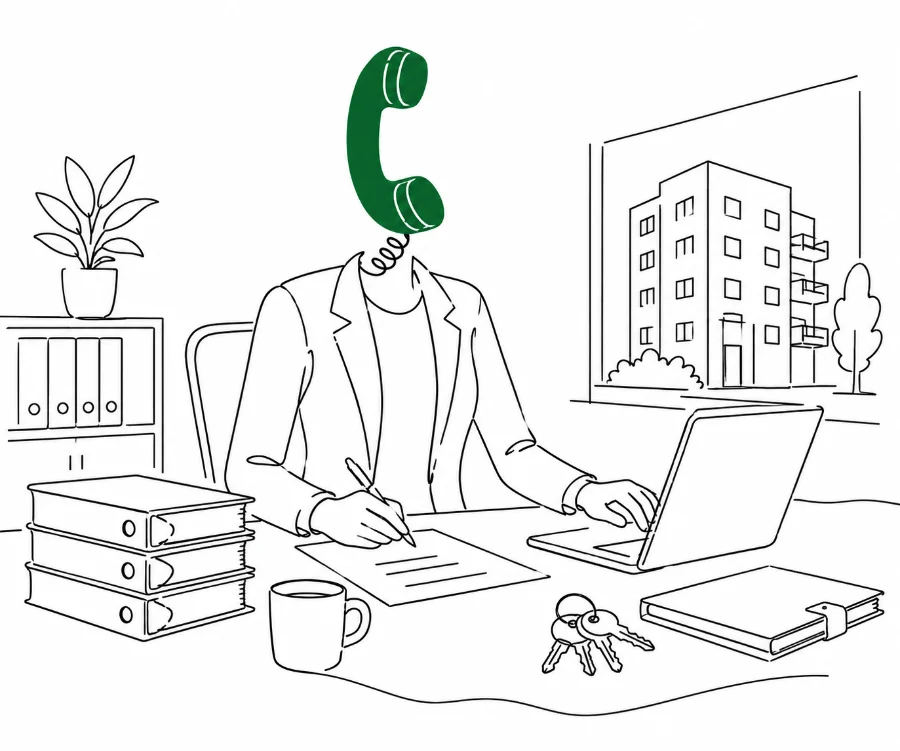 Illustration einer Person am Schreibtisch mit Telefonhörer, Aktenordner und Mehrfamilienhaus im Hintergrund