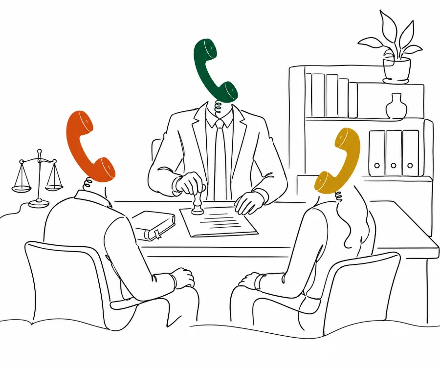 Illustration einer Person mit Telefonhörer als Kopf am Schreibtisch mit Akten und Urkunden