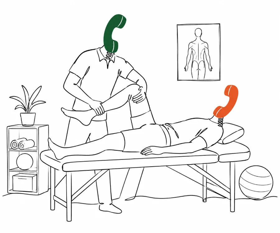 Illustration einer therapeutischen Praxis mit Behandlungsliege und Person mit Telefonhörer als Kopf